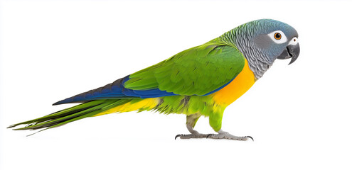 Obraz premium Bright green parrot with yellow and blue feathers on white background