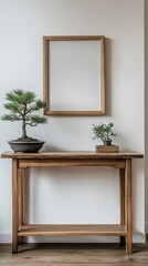 Serene Minimalist Home Decor with Bonsai Trees and Wooden Console Table