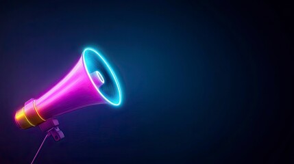 Pink neon megaphone with glowing blue rim against dark blue background, copy space.