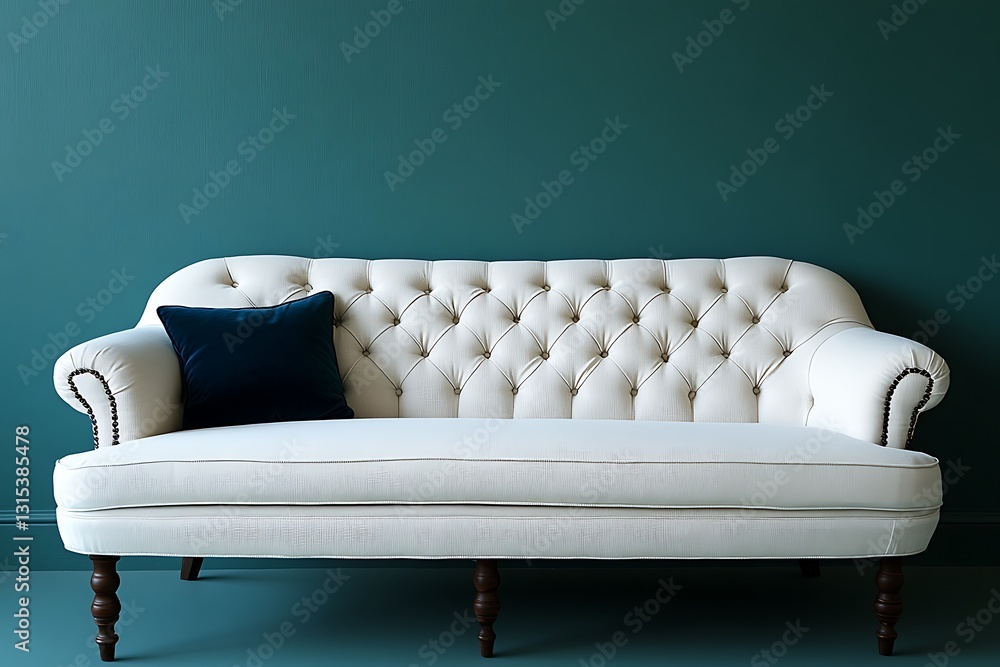 Poster modern cozy sofa displayed against a muted teal background, leaving enough open space for custom bra