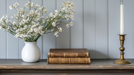 White Flowers, Antique Books, and Brass Candlestick on a Mantelpiece