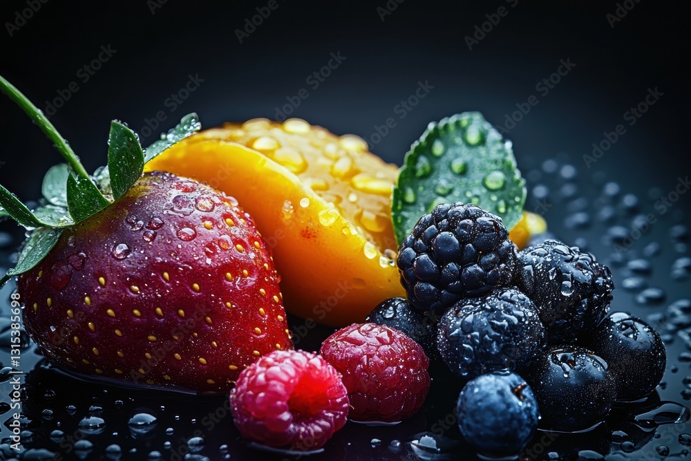 Aufkleber Freshly washed fruits glistening with water droplets on a dark background with a clear space for text. Generative AI