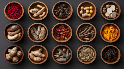 Top View of Twelve Small Wooden Bowls Filled With Various Dried Herbs Roots Powders and Seeds Arranged on a Dark Gray Surface