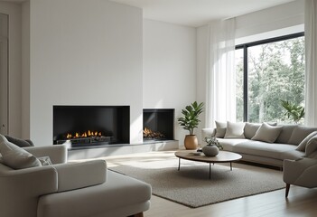 Fototapeta premium A modern living room with two fireplaces and large windows.