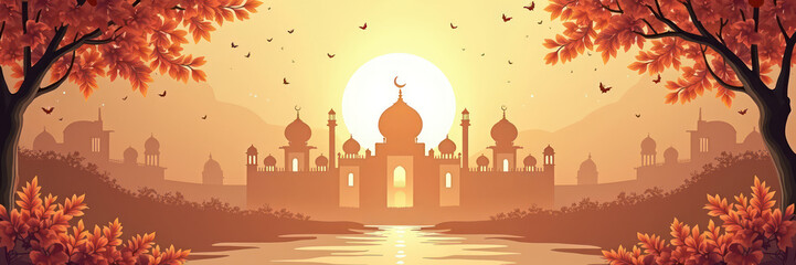 Eid al-Fitr and Eid al-Adha banner design featuring a mosque silhouette, sunset and decorative lanterns. Islamic themed celebration banner