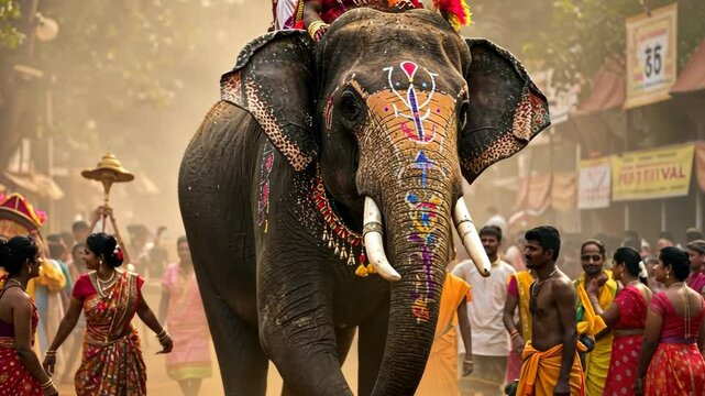 Ornate Elephant In Festive Crowd At Celebration Parade Event with Vibrant Attire and Decorations
