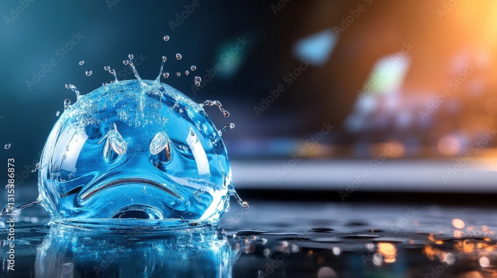 Poster water droplet splashing with sad face expression indoor studio setting high-quality macro photograph