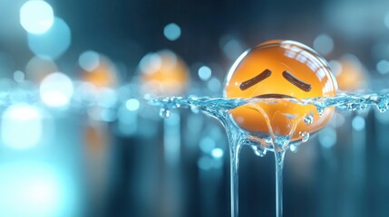 Emotional drop of sadness abstract water scene digital art blue environment close-up view concept of melancholy