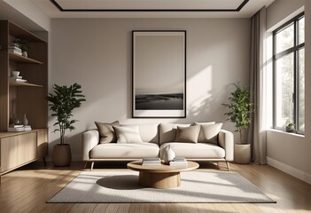 The Living Room of a Modern Home with Beige Walls, Wooden Floors, and Minimalist Decor: A Serene Space with Natural Light, Comfortable Seating, and a Large Window.