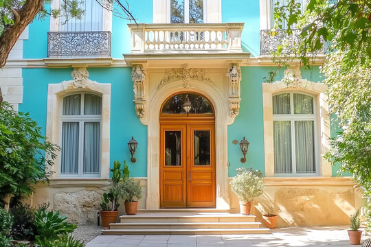 Elegant turquoise villa facade with ornate wooden door and lush greenery