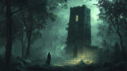 In the heart of the forest, an ancient spirit recounts the saga of nature, tales untold on national tell a story day. Forgotten - Tower. Illustration