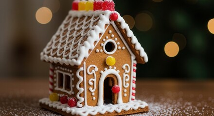 Festive Gingerbread House with Candy Decorations and Christmas Bokeh