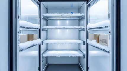 Empty Industrial Freezer With Metal Shelves Covered In Frost And Ice Crystals In A Commercial Kitchen Setting With Bright White Interior Lighting For Food Storage