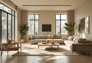Fototapeta premium A modern open-plan living room with a light color scheme and large windows.