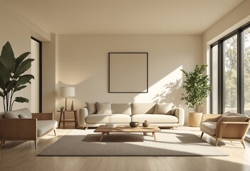 A modern minimalist living room with light-colored wood floors and furniture, featuring a white couch and two armchairs.