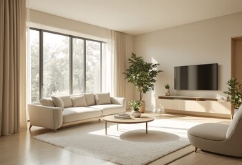 A modern beige living room with wooden furniture and large windows.