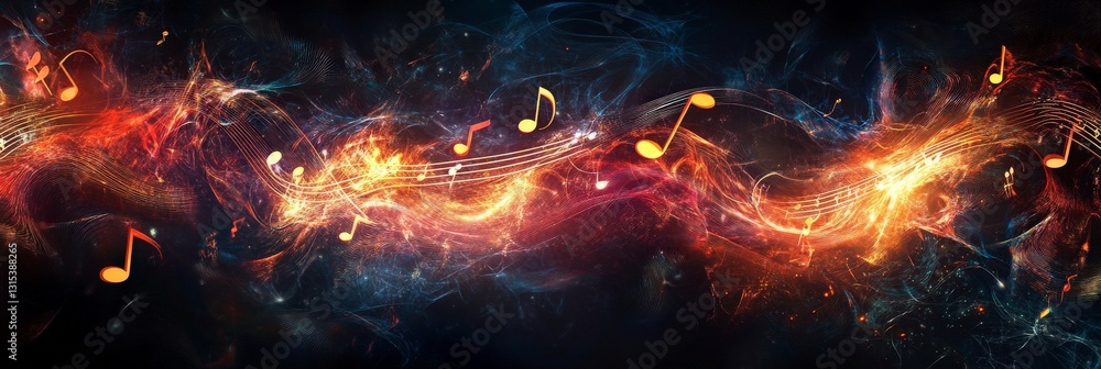 Poster artistic swirl of vibrant music notes in fiery array