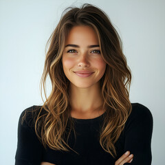Fototapeta premium Smiling Portrait of a Beautiful Young Woman with Wavy Hair: Natural Confidence and Happiness in Studio Lighting