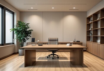 A modern office space with a large desk and two chairs in an empty room.