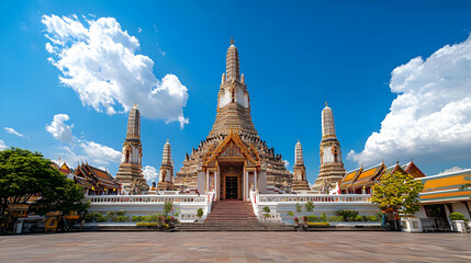 Naklejka premium Ornate Wat Pho Temple Under Bright Blue Sky in Bangkok