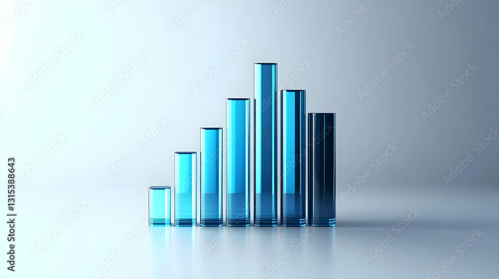 Aufkleber 3d rendered glass bar chart shows growth and decline with blue gradient on clean white background in