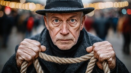 Intense man with rope, hat, stares intently. Crowd in background