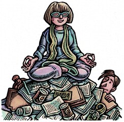 woman in suit meditates in lotus position on pile of books and office supplies and cans of food
