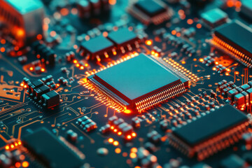A computer motherboard with electronic components and illuminated circuits. Generated AI