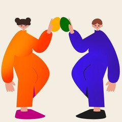 cute easter illustration of two people bumping eggs