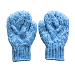 Two Light Blue Knitted Mittens Isolated on Transparent Background