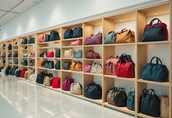 The image shows a large wall of shelves filled with many different colored bags.