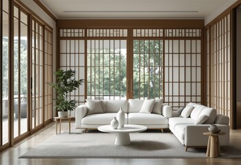 modern minimalist living room with white sectional sofa and coffee table on gray rug, large windows covered by sliding wooden doors.