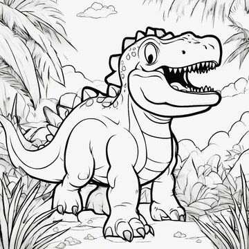 Ausmalbild eines niedlichen Cartoon-Dinosauriers in einer pr&auml;historischen Landschaft, ideal f&uuml;r Kinder, die gerne malen und Dinosaurier lieben.