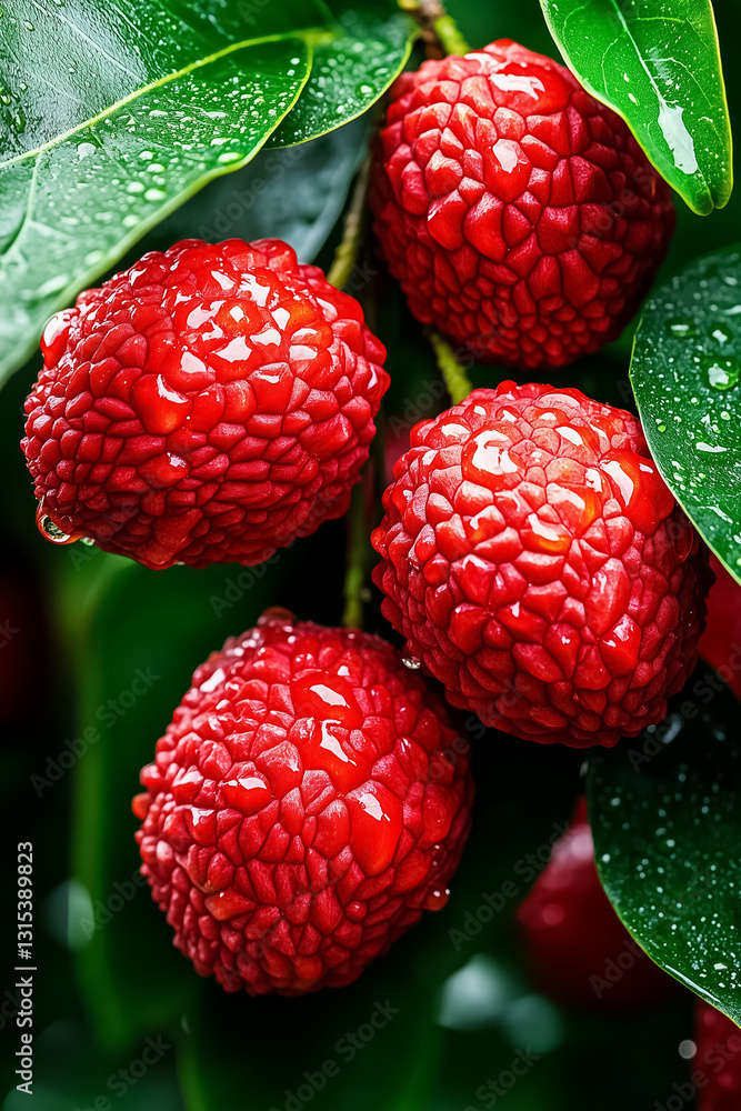 Poster bright red lychee fruits hang in clusters on a tree, surrounded by fresh green leaves, creating a st
