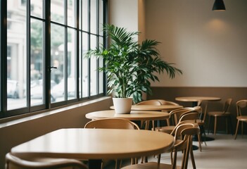 Fototapeta premium An empty and minimalist coffee shop with wooden tables and chairs, large windows, and natural light.
