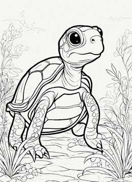 Ausmalbild einer niedlichen Schildkr&ouml;te mit gro&szlig;en Augen, ideal f&uuml;r Kinder und Erwachsene, die gerne malen und Tiere lieben.