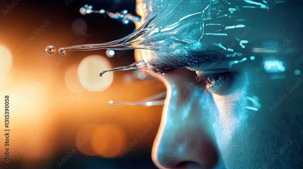 Poster dynamic water splash effect captured on a human face studio setting digital art close-up view concep