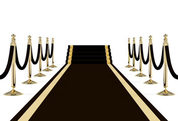 Black carpet with stairs, podium, ropes and golden stanchions. Vector illustration.
