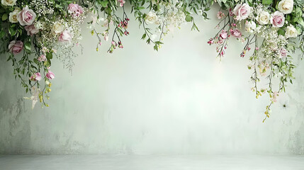 Elegant Floral Arrangement With Pink And White Flowers On A Soft Green Textured Background Ideal For Wedding Or Event Backdrop