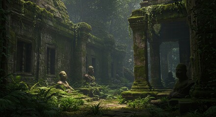 Naklejka premium Exploring Ancient Temple Ruins Covered in Greenery and Statues in Jungle
