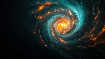 Abstract Cosmic Galaxy Spiral With Turquoise And Orange Glowing Colors Against Dark Background