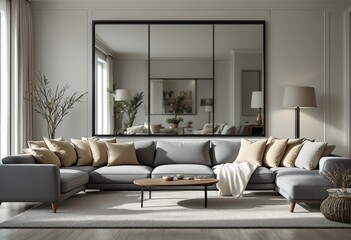 A modern living room with a gray sectional sofa and large mirror on the wall.