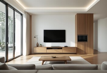 The Minimalist Modern Living Room with Wood Accents and Large Windows.
