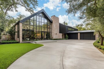 Obraz premium Modern house with large glass windows and brick facade surrounded by greenery in a residential neighborhood during the day