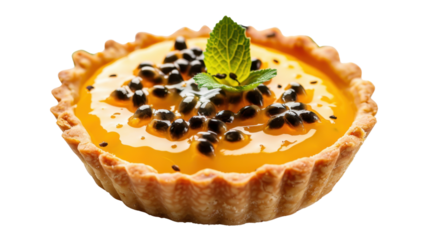 Delicious passion fruit tartlet decorated with fresh mint on transparent background
