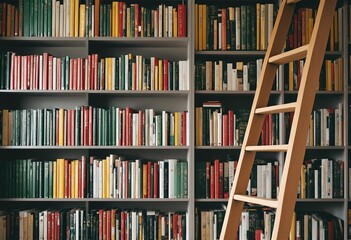 A tall wooden ladder leaning against a bookshelf filled with colorful books.