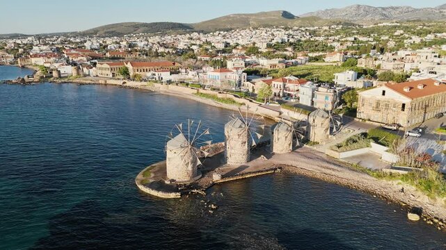 Aerial video by drone of the windmills of Chios Island in Greece. Landmark on greek island Chios