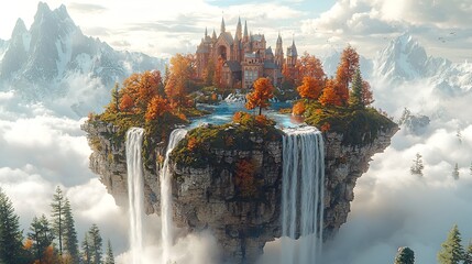 Floating castle island, autumnal waterfalls, mountains