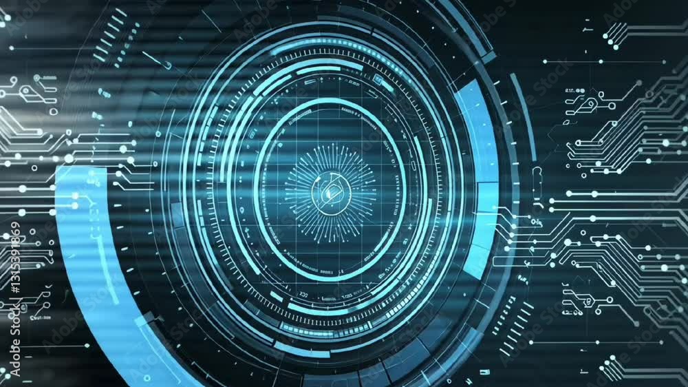 Poster futuristic digital interface with blue circular hud display and high tech cyber technology theme