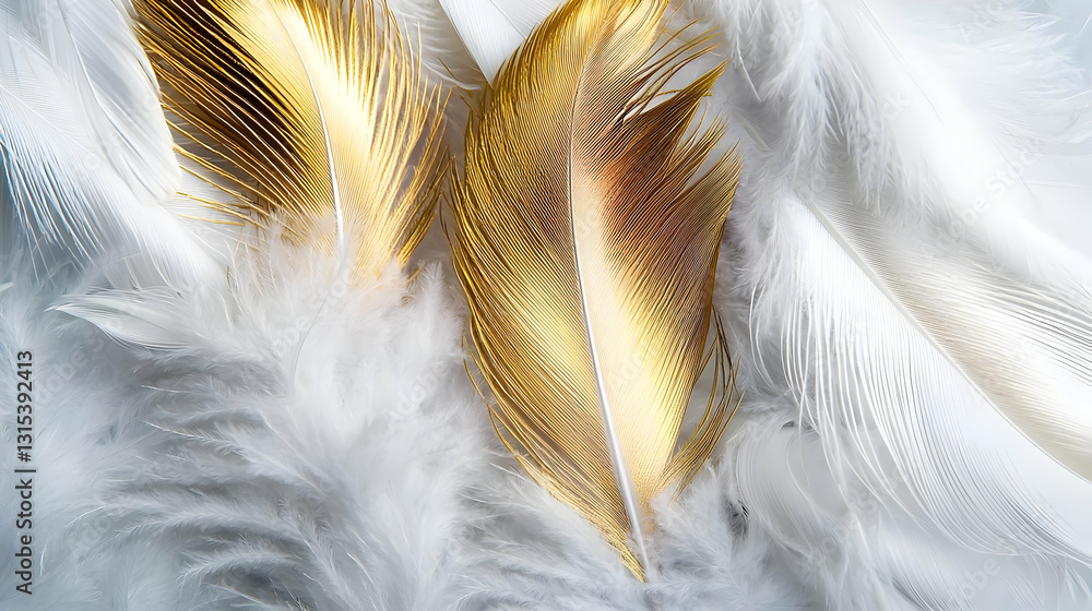 Poster two golden feathers resting on soft white fluffy feathers creating a luxurious and elegant backgroun